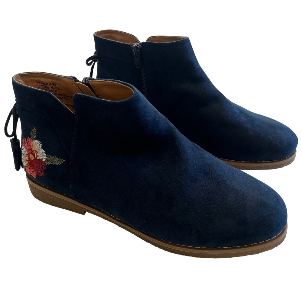 Comfortview Sienna Navy Blue Boho Floral Embroidered Tassel Ankle Boots 10.5WW